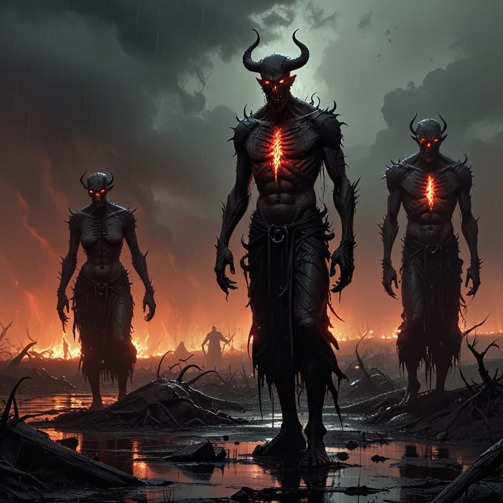 Dark Fantasy Savages in Rain-Slicked Inferno