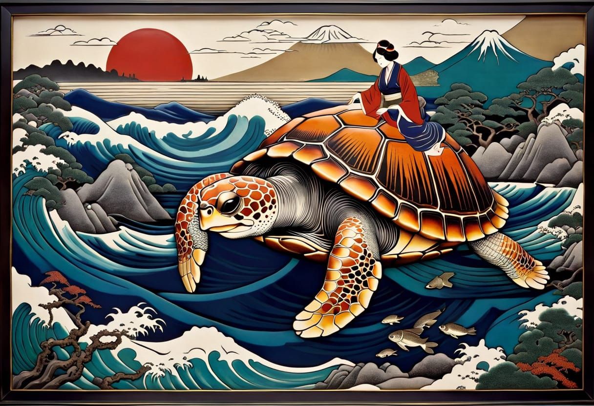 Kyoto Noir: Divers and Giant Turtle in Art Deco Enamel