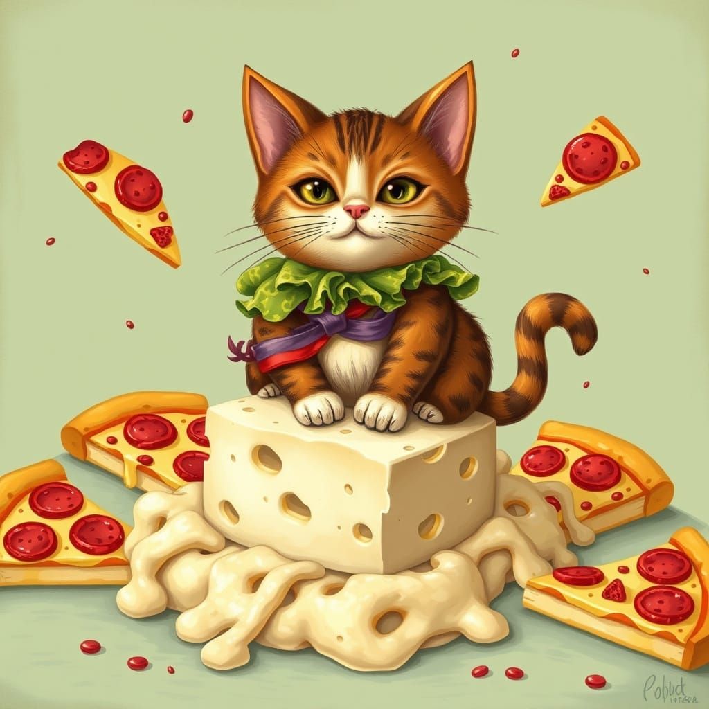 Fantastical Taco Cat Surrounded by Pizza and Goat Cheese
