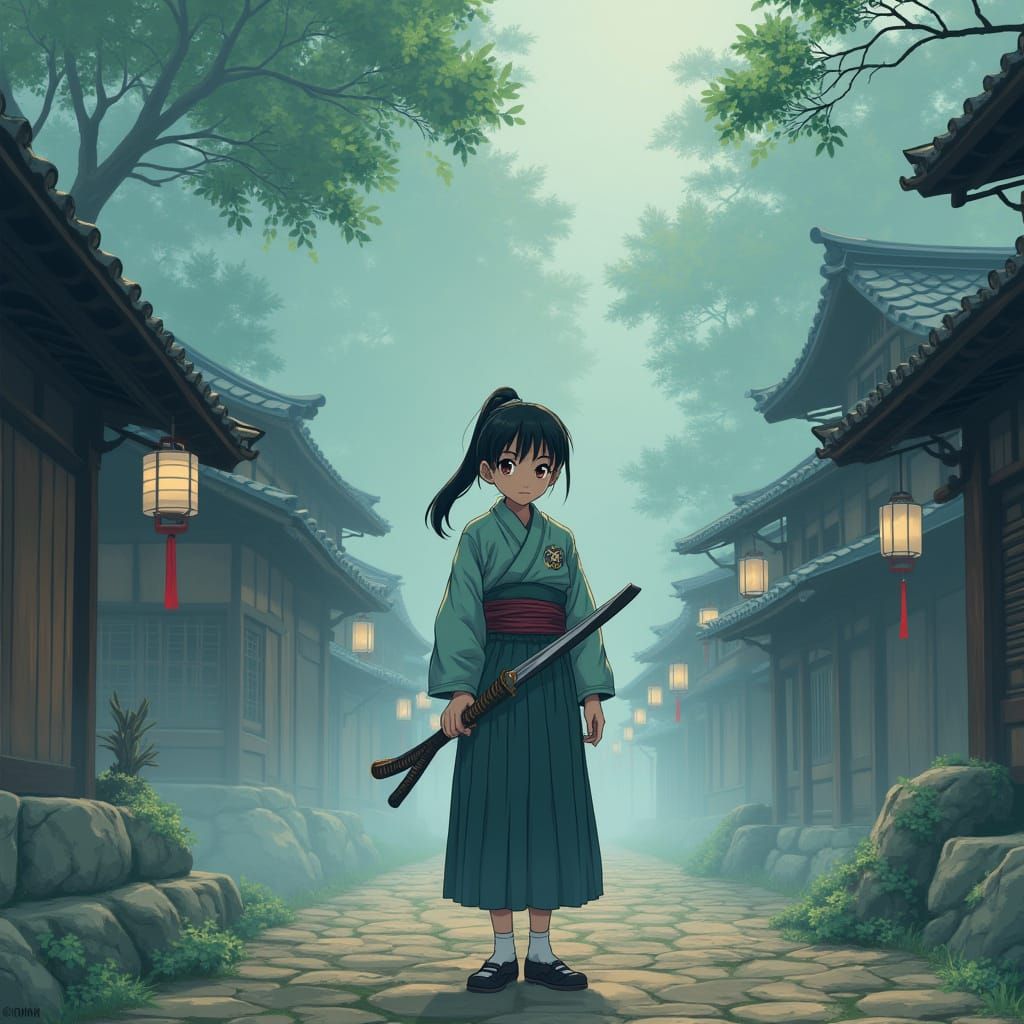 Young Samurai Girl in Misty Feudal Japanese Village, Retro A...