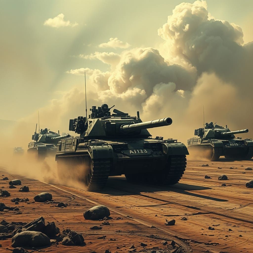 Armored Tanks Rumble Across a Barren, War-Torn Landscape in ...
