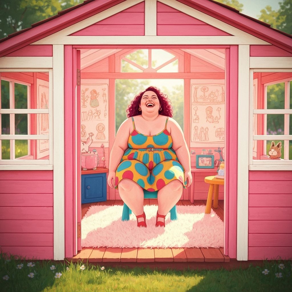 Woman in Playhouse, in Folk Art Style