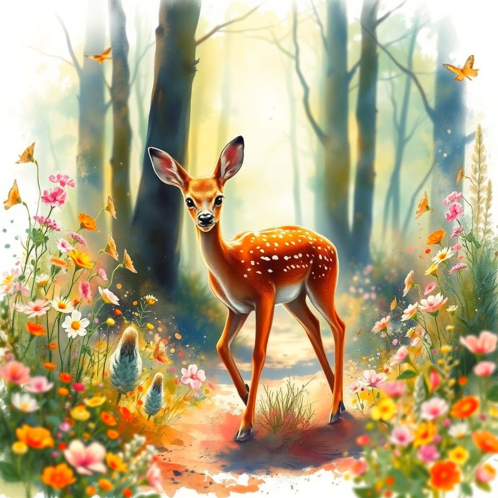 Playful Fawn in Sunlit Forest Path