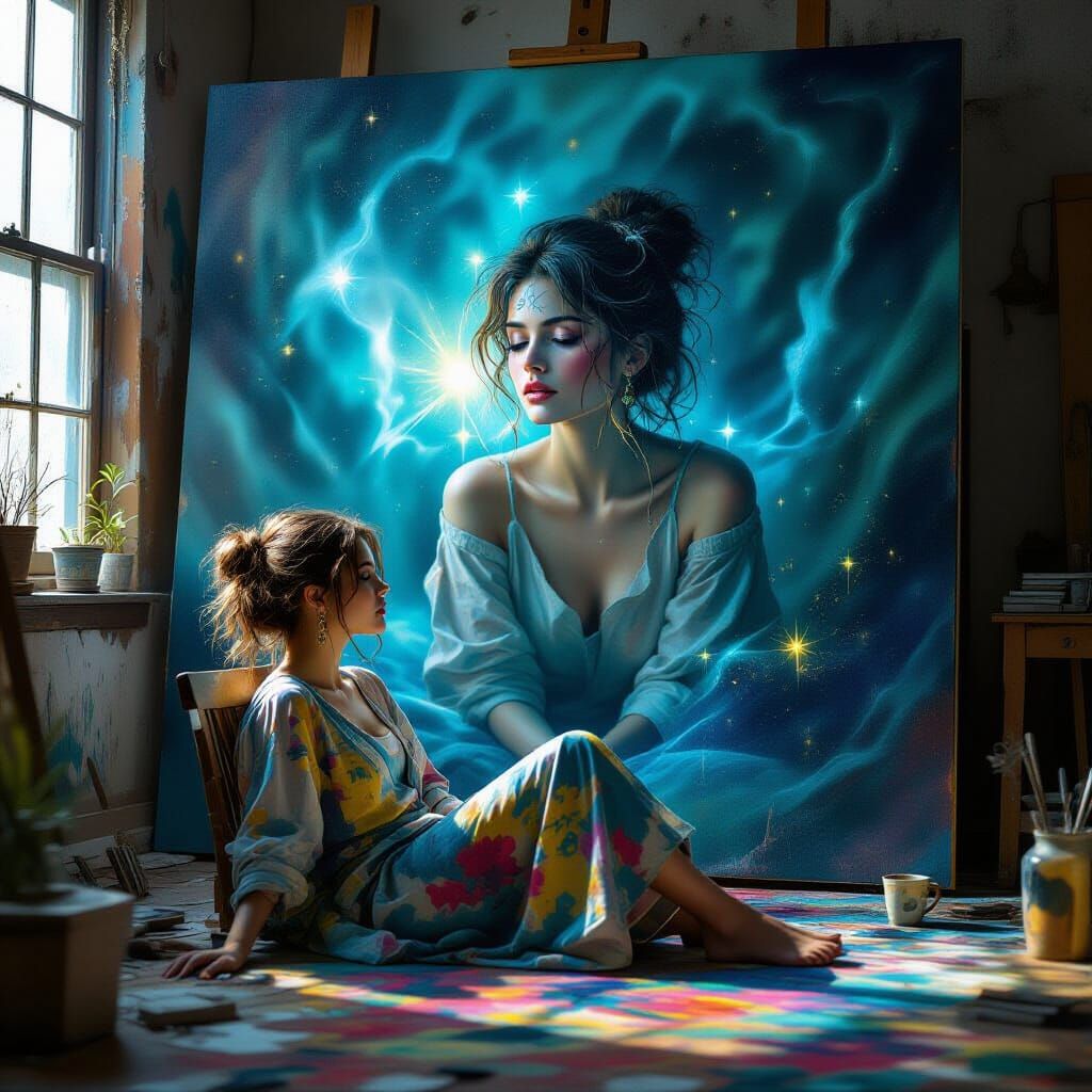 Magical Artist Lost in Thought Before Unfinished Masterpiece