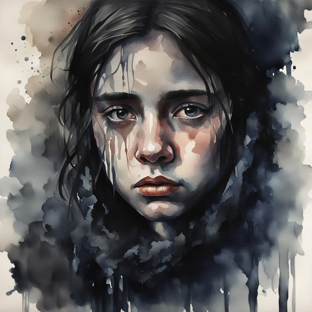 Moody Watercolour Painting of a Sad Young Woman