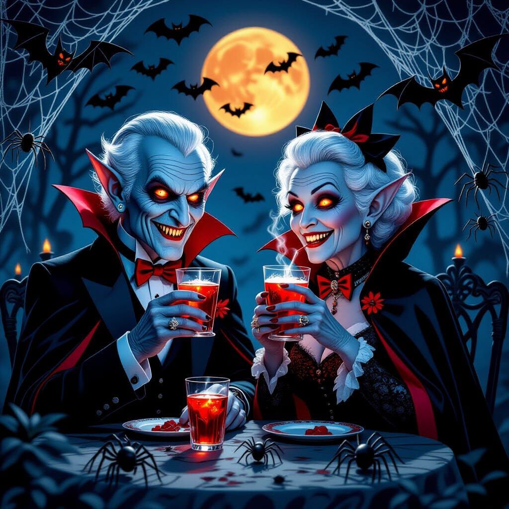 Adorable Vampire Couple Sipping Glowing Drinks