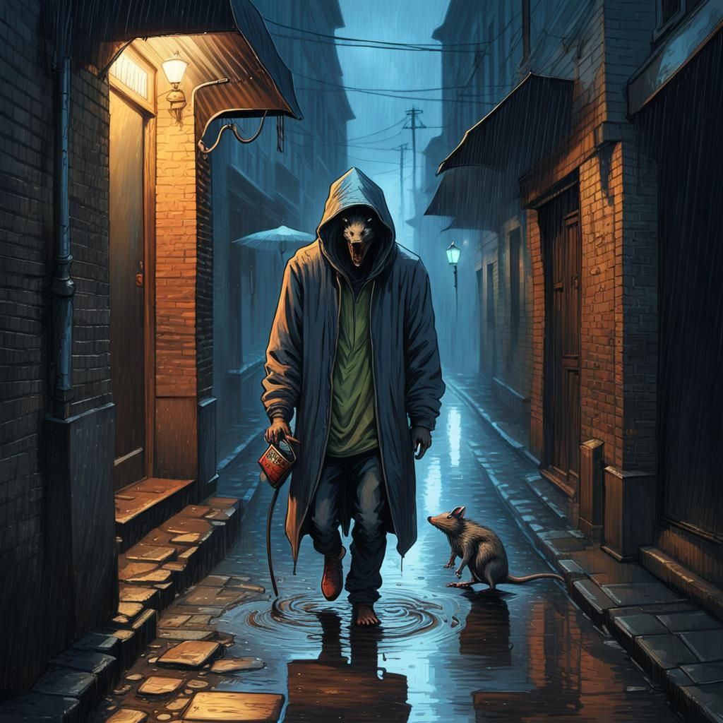 A creepy guy with a hoodie walking through the dark back alley, wet cobblestone street, trashcan, a rat, neon light sign...