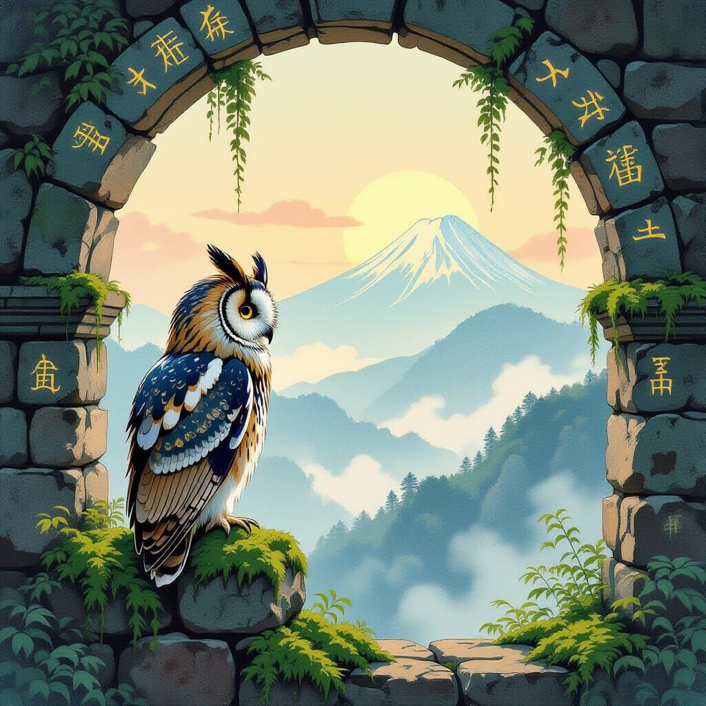 Wise Owl Gazing at Misty Mountains