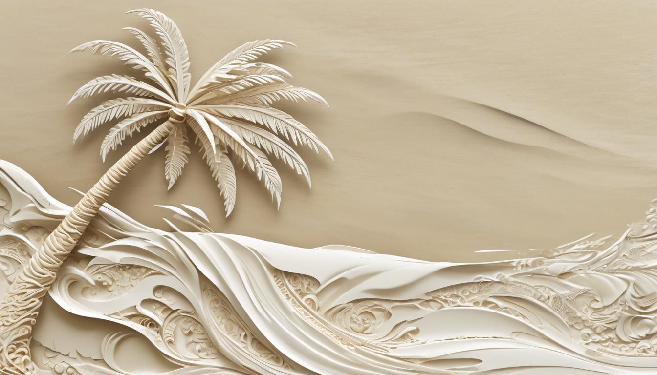 Ivory Porcelain Palm Tree on Beach, Surrealist Art