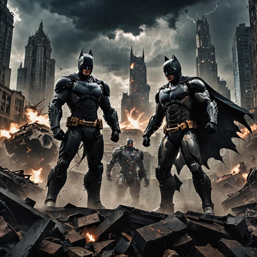 Batman vs. Iron Man in Ruined Cityscape