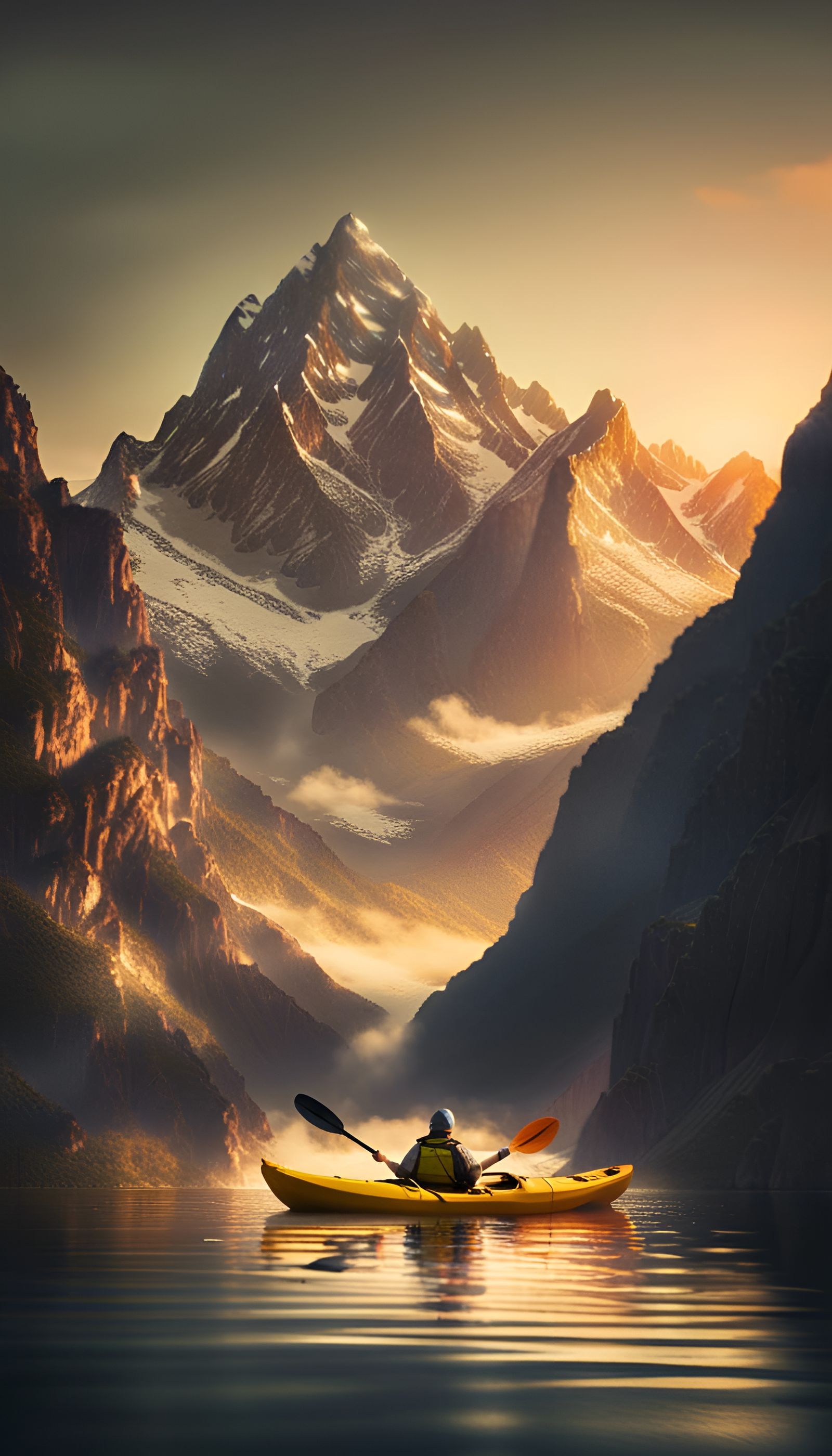 Kayaker on Lake with Mountains in Double Exposure Art