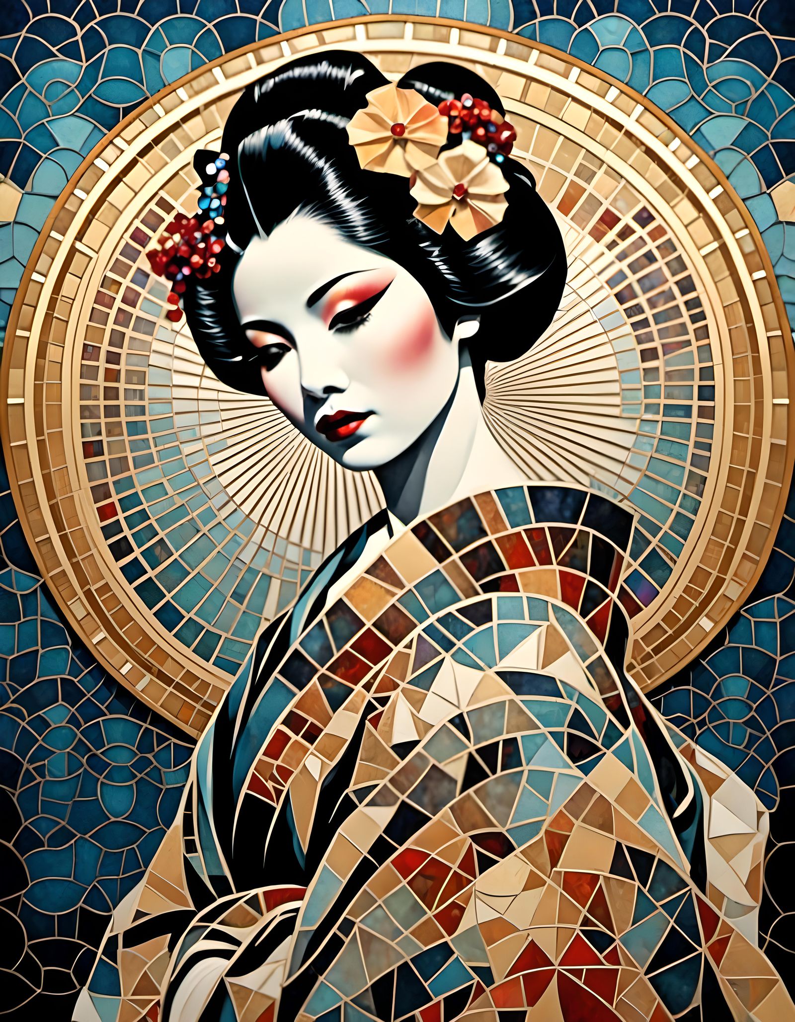 Geisha Portrait in Mosaic Style with Celestial Sky
