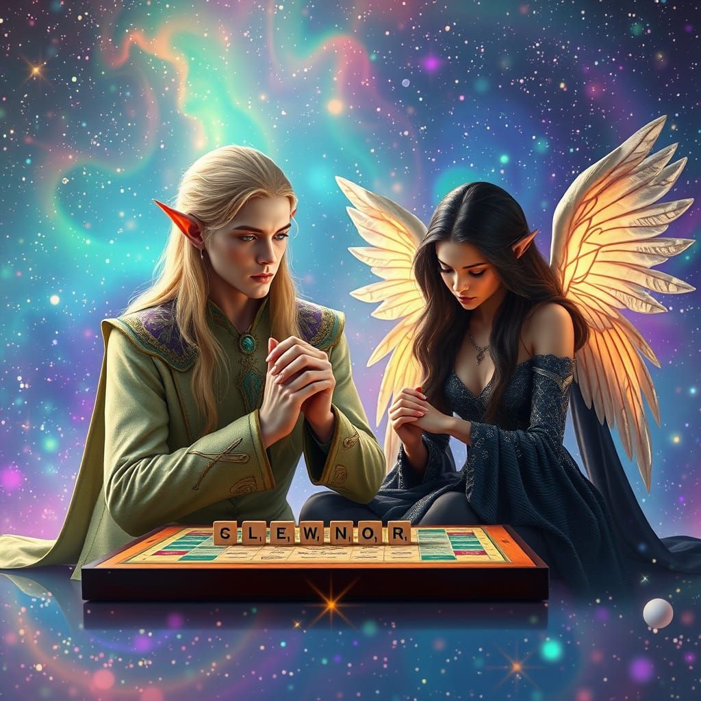 Elven King and Angel Play Cosmic Scrabble