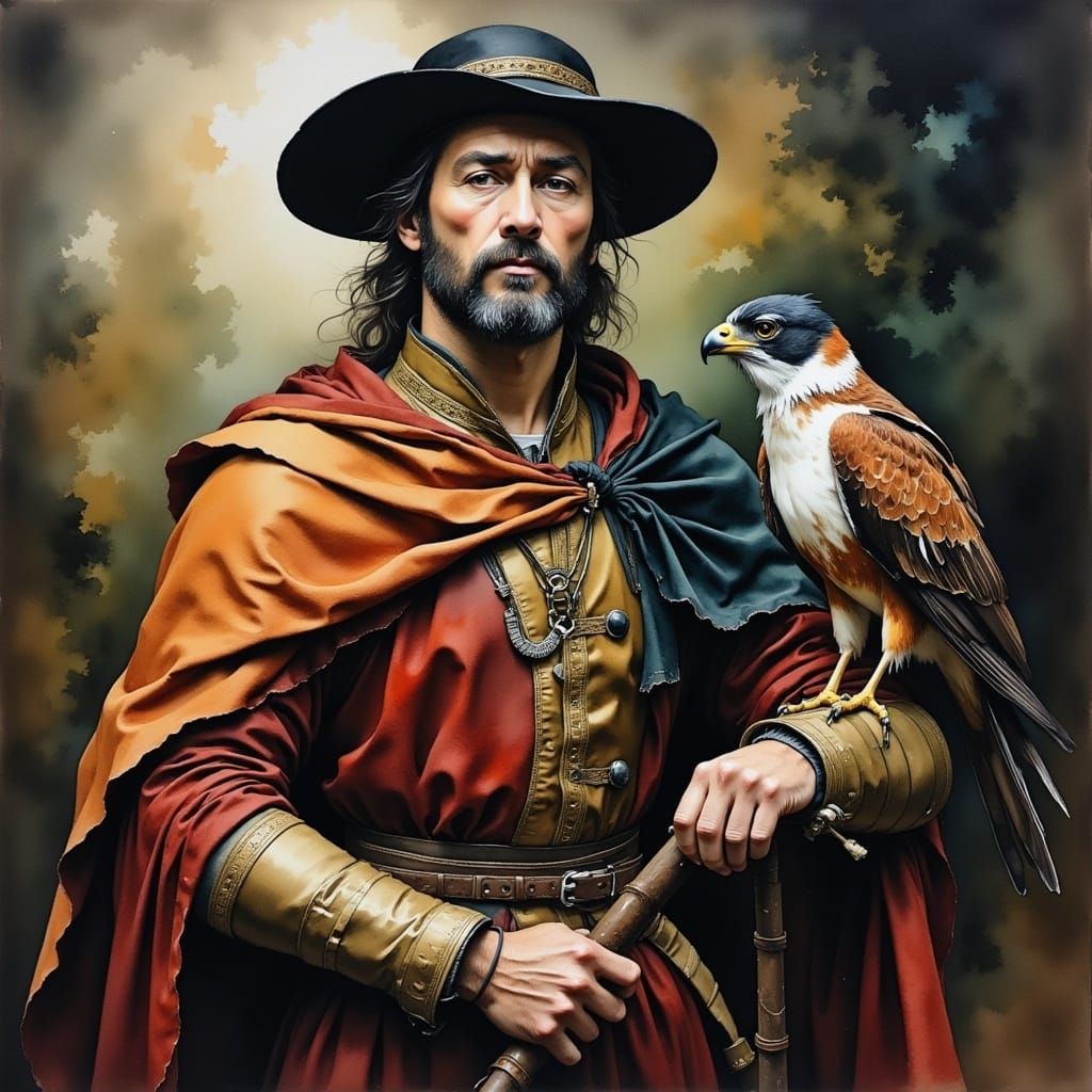 Medieval Falconer Portrait in Watercolor Style
