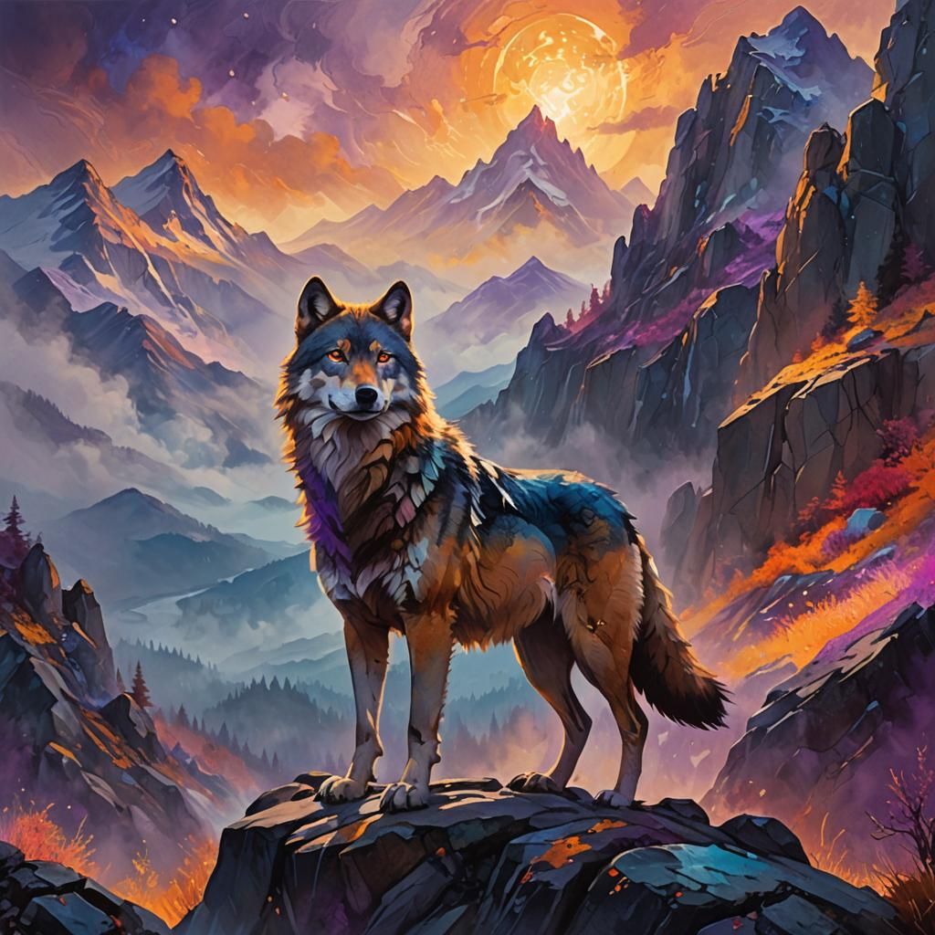 Wolf on Misty Peak: Fantasy Oil Painting