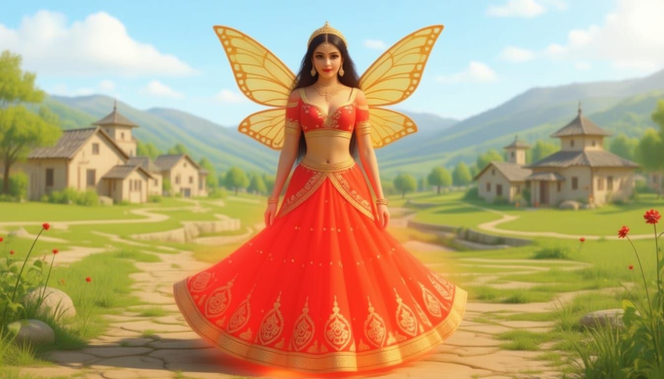 Fairy Princess in Red Lehenga with Golden Sparkles