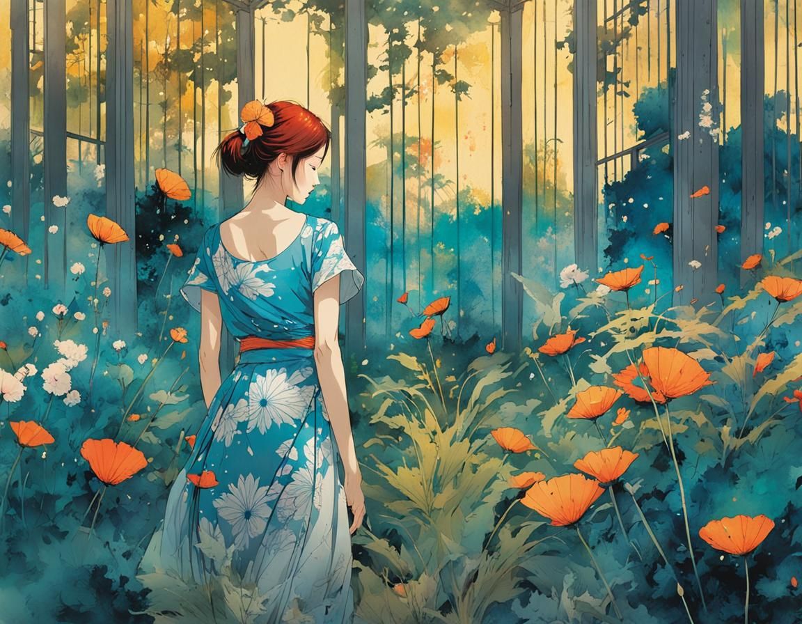 Korean Fan Dancer in Garden, Ink Splatter Art