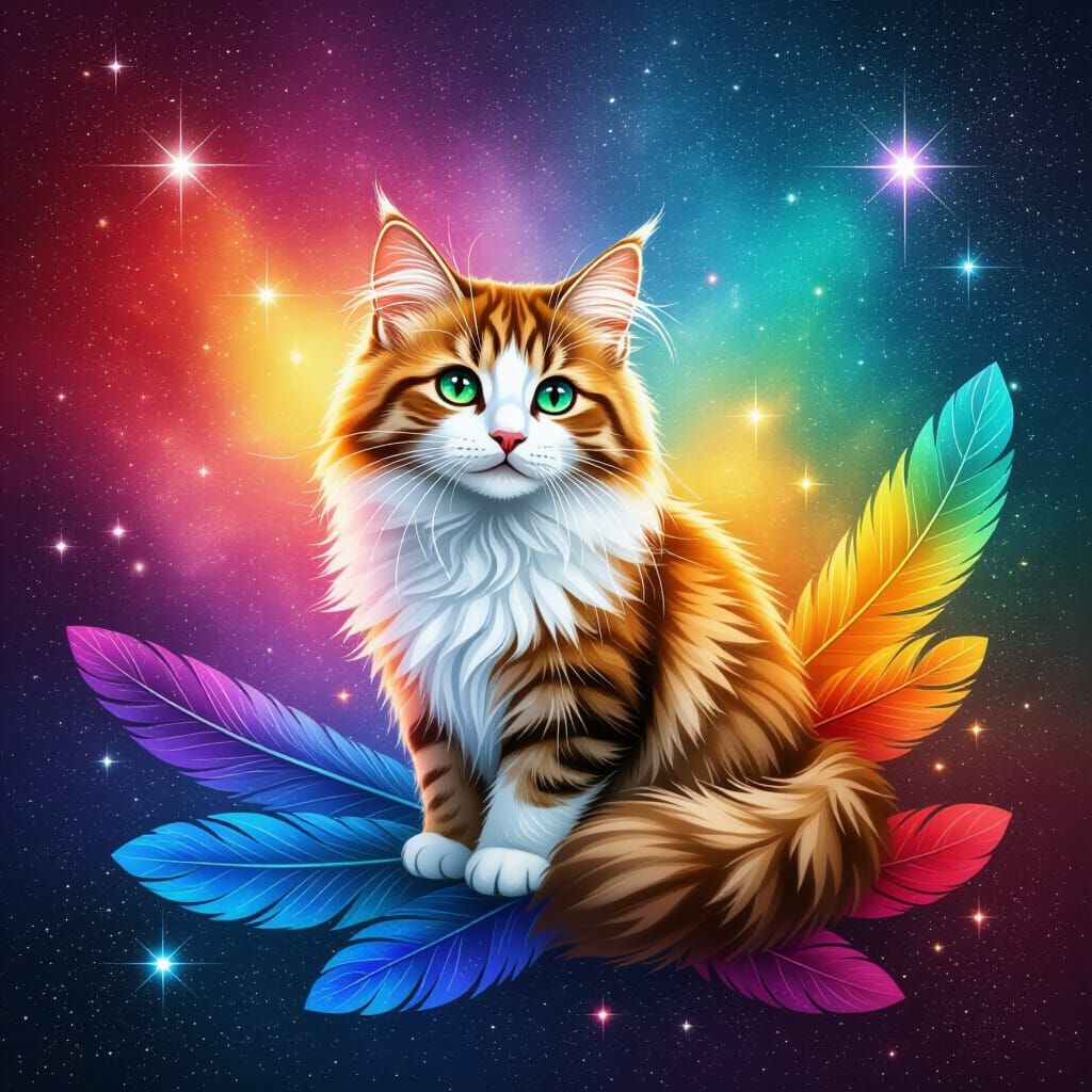 Kitten Playing in Multicolored Feathers - Realistic Watercol...