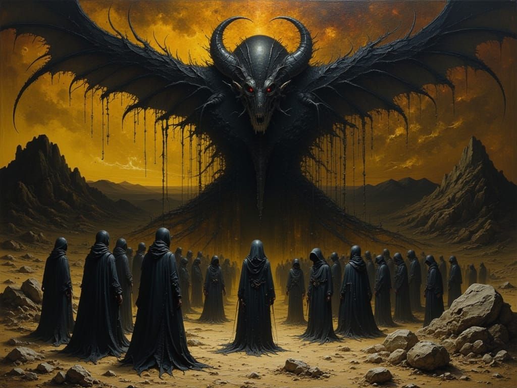 Dark Figures Before a Colossal Titan Silhouette