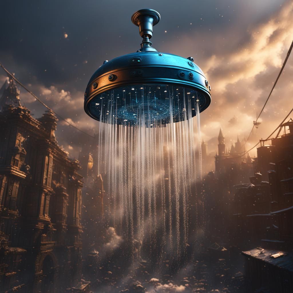 Flying Showerhead Concept Art in Detailed Painting