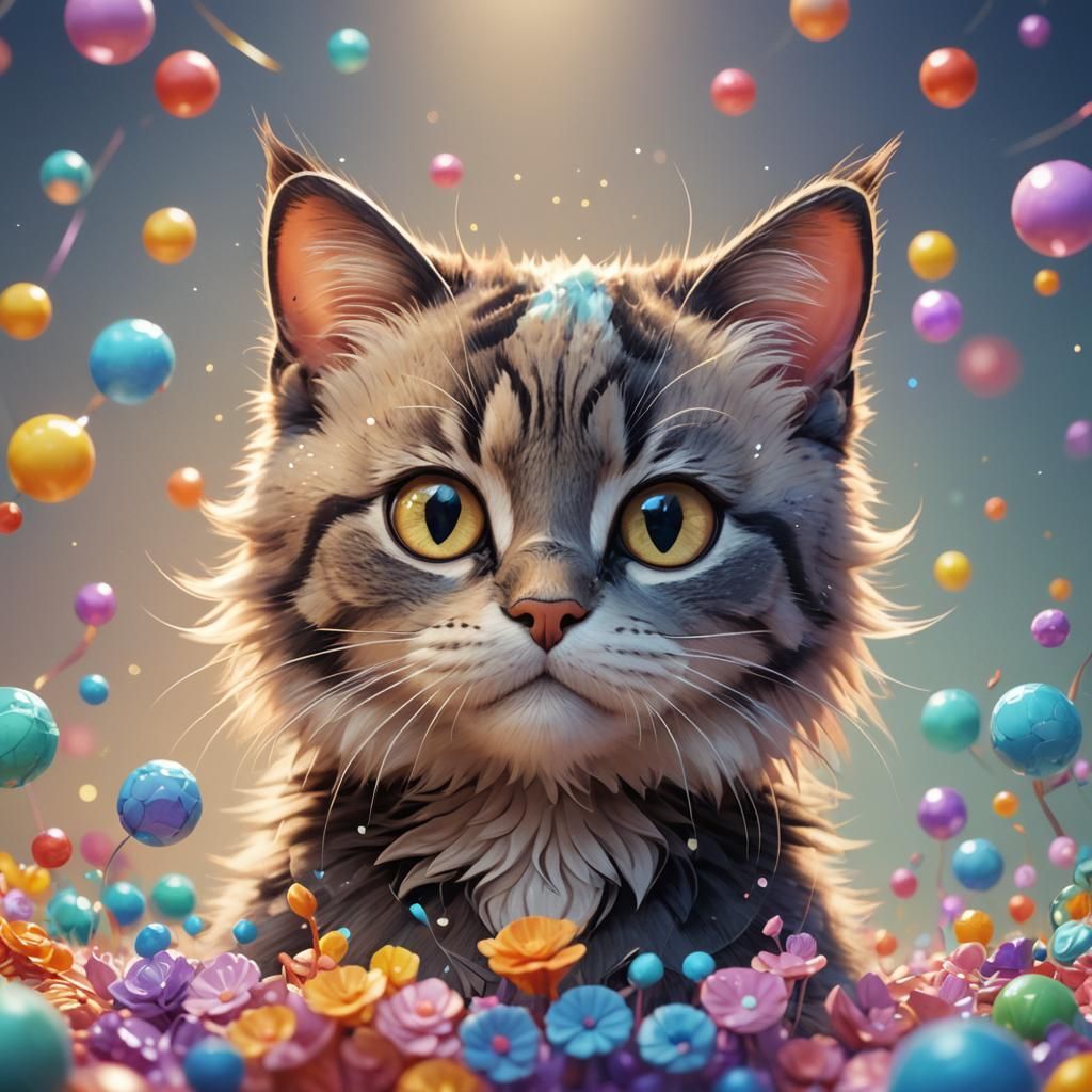 Cute Kawaii Cat in Watercolor Style, Detailed Digital Art