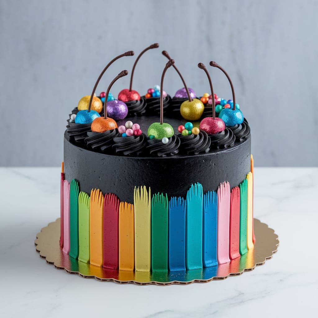 Vibrant Contemporary Cake with Brushstroke Patterns and Glit...