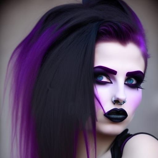 Perfect vertical view of ethereal Gothic Young lady with vibrant purple hair& purple eyes& smoky black eyeshadow beautif...