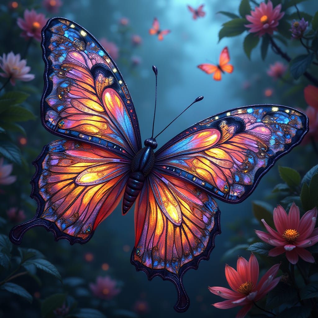 Fractal Butterflies in Cyberpunk Garden, Digital Art