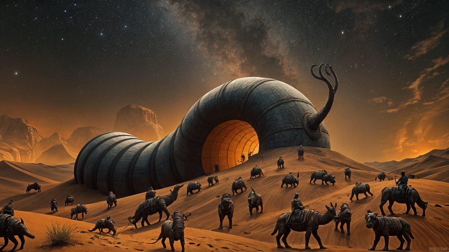 Immense Dune Sandworm in Primitivism Art Nouveau Style