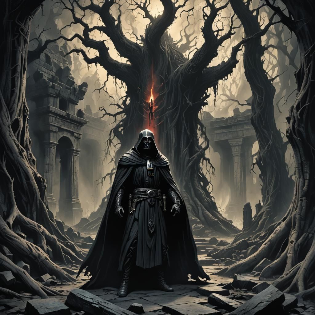 Sith Lord in Ruined Temple: Dark Fantasy Illustration