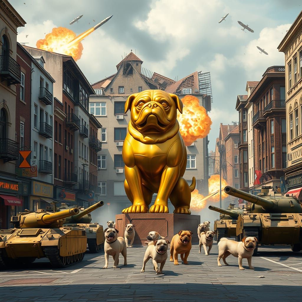 Post-Apocalyptic Golden Pug Paradise in Ruin