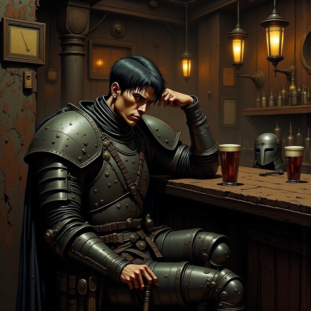 Stoic Soldier in Medieval Armor Relaxing in Dive Bar
