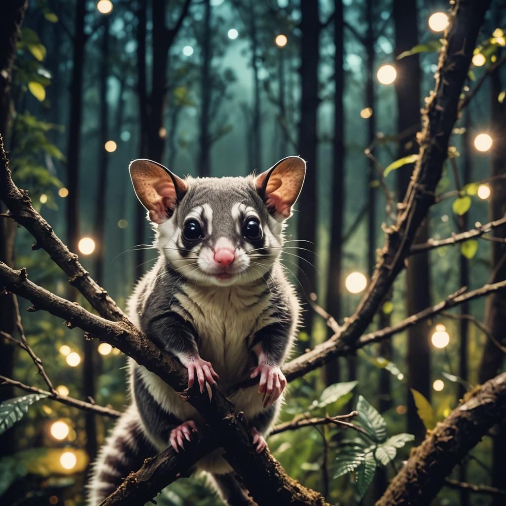 Cinematic Sugar Glider in Night Forest