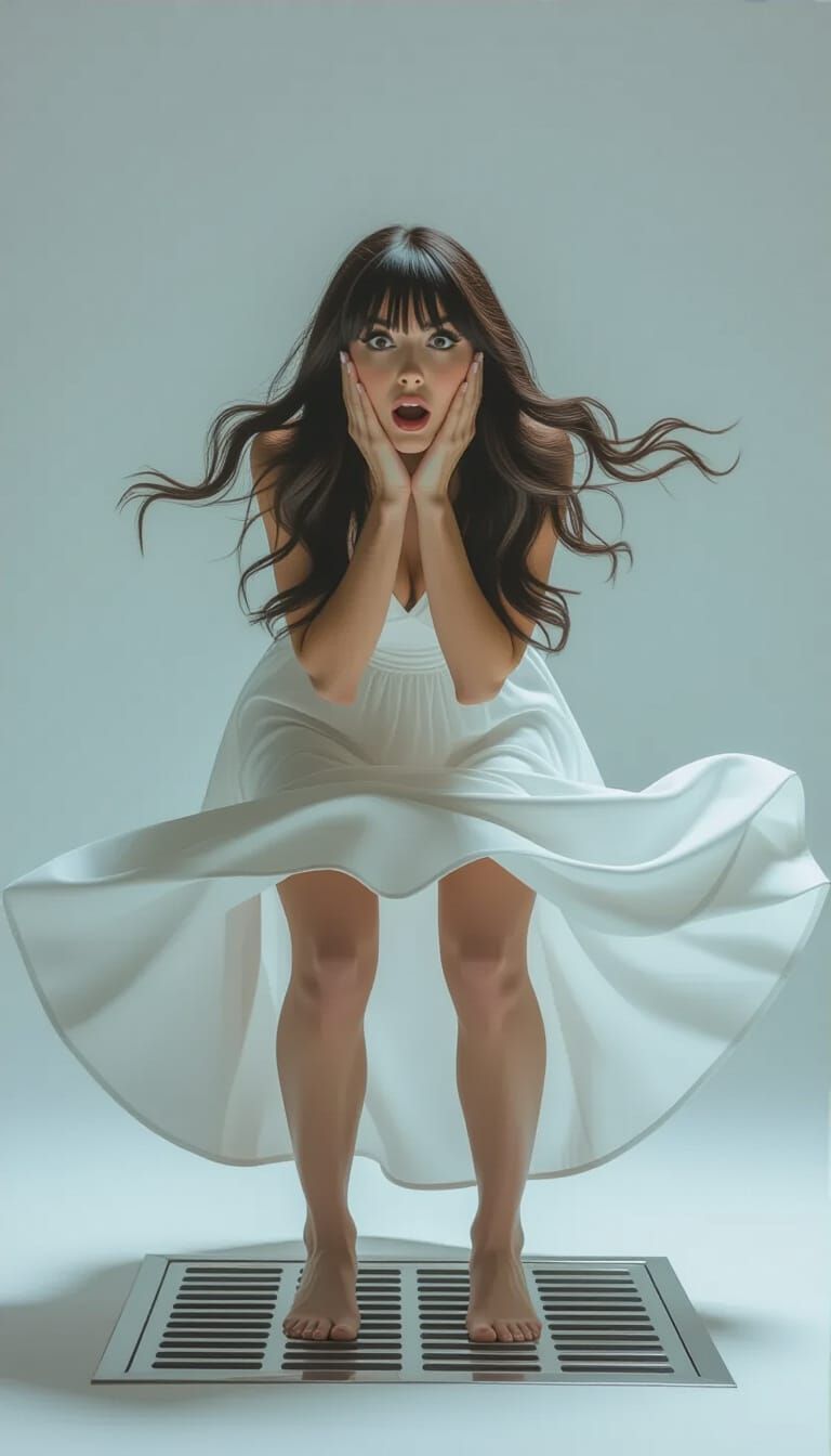 Surprised Woman's Dress Billows Over Floor Vent
