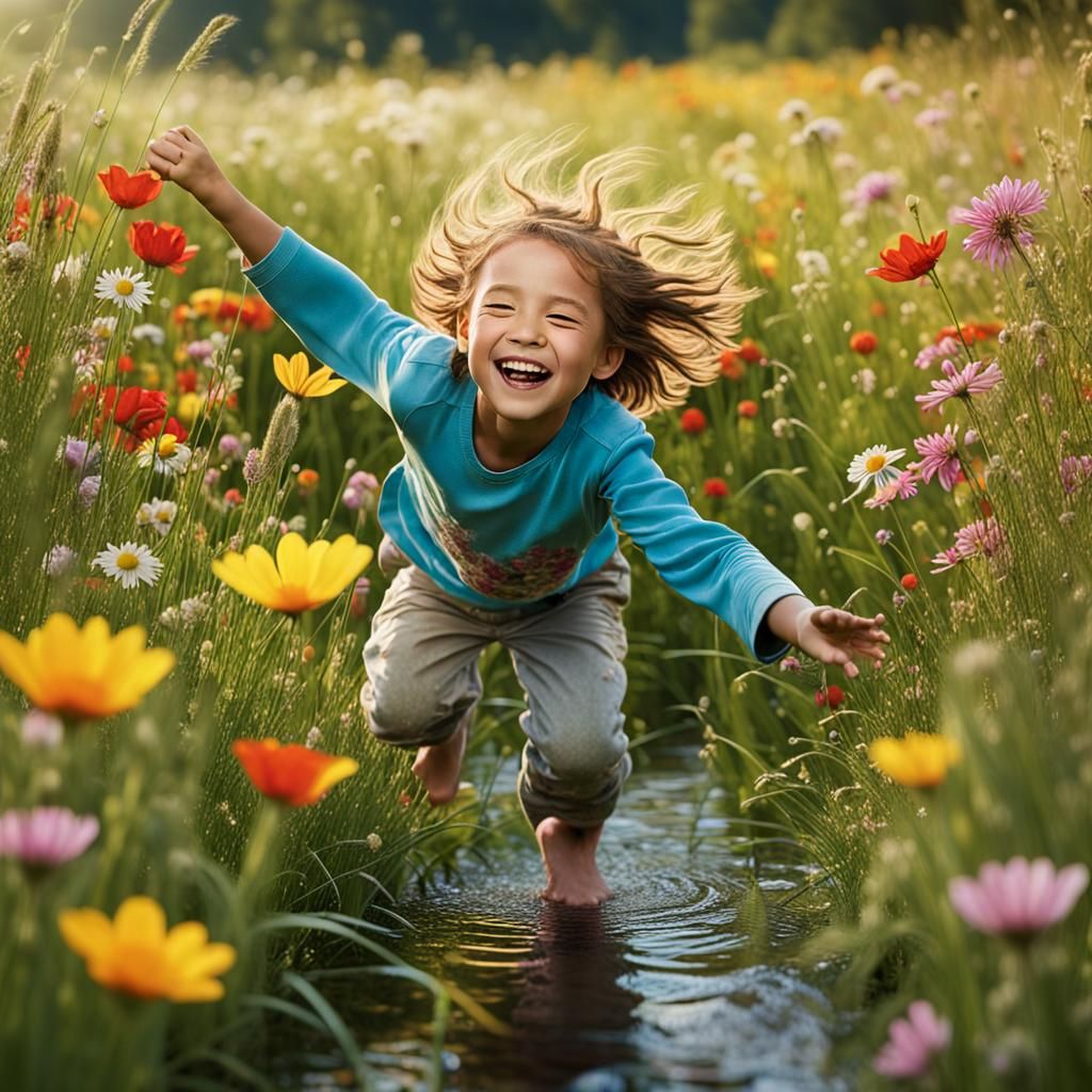 Child's Joyful Somersaults in a Flower Meadow