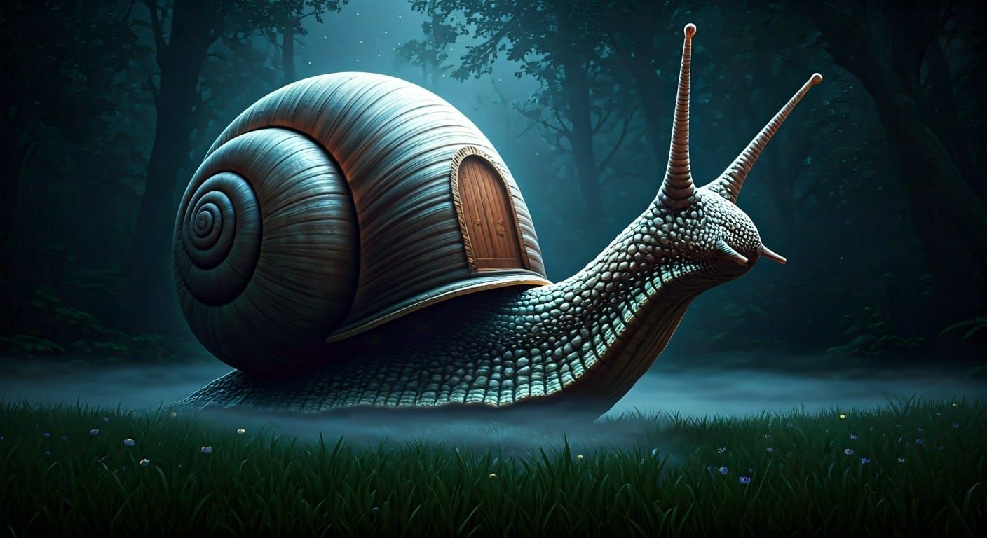 Giant Snail with Doorway in Moonlit Glade