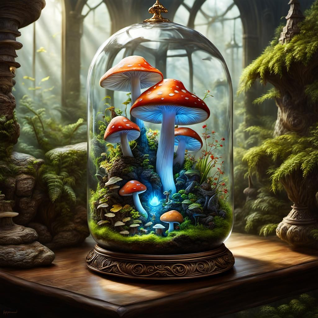 Mythological Mushroom in Terrarium, Digital Fantasy Art