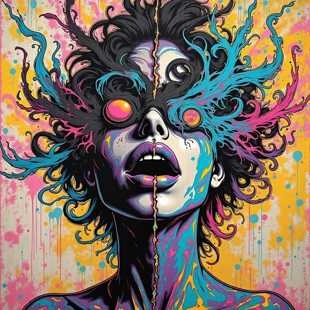 Vibrant Girl Dancing in Surreal Black and White Pop Art