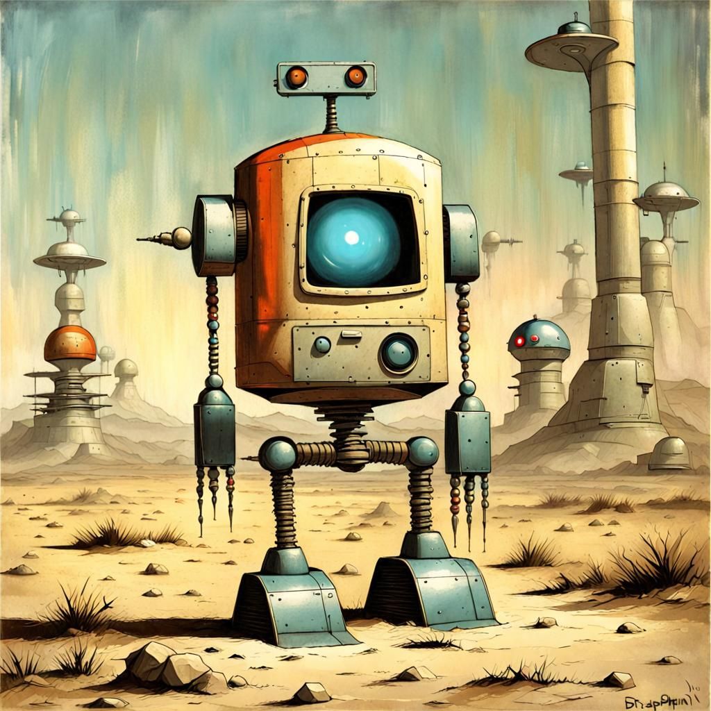 Cute Robot on Retrofuturist Planetary Base