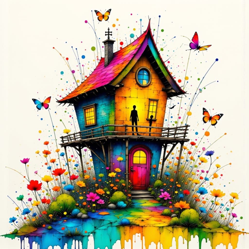 Quirky Leaning House in Abstract Splatter Art