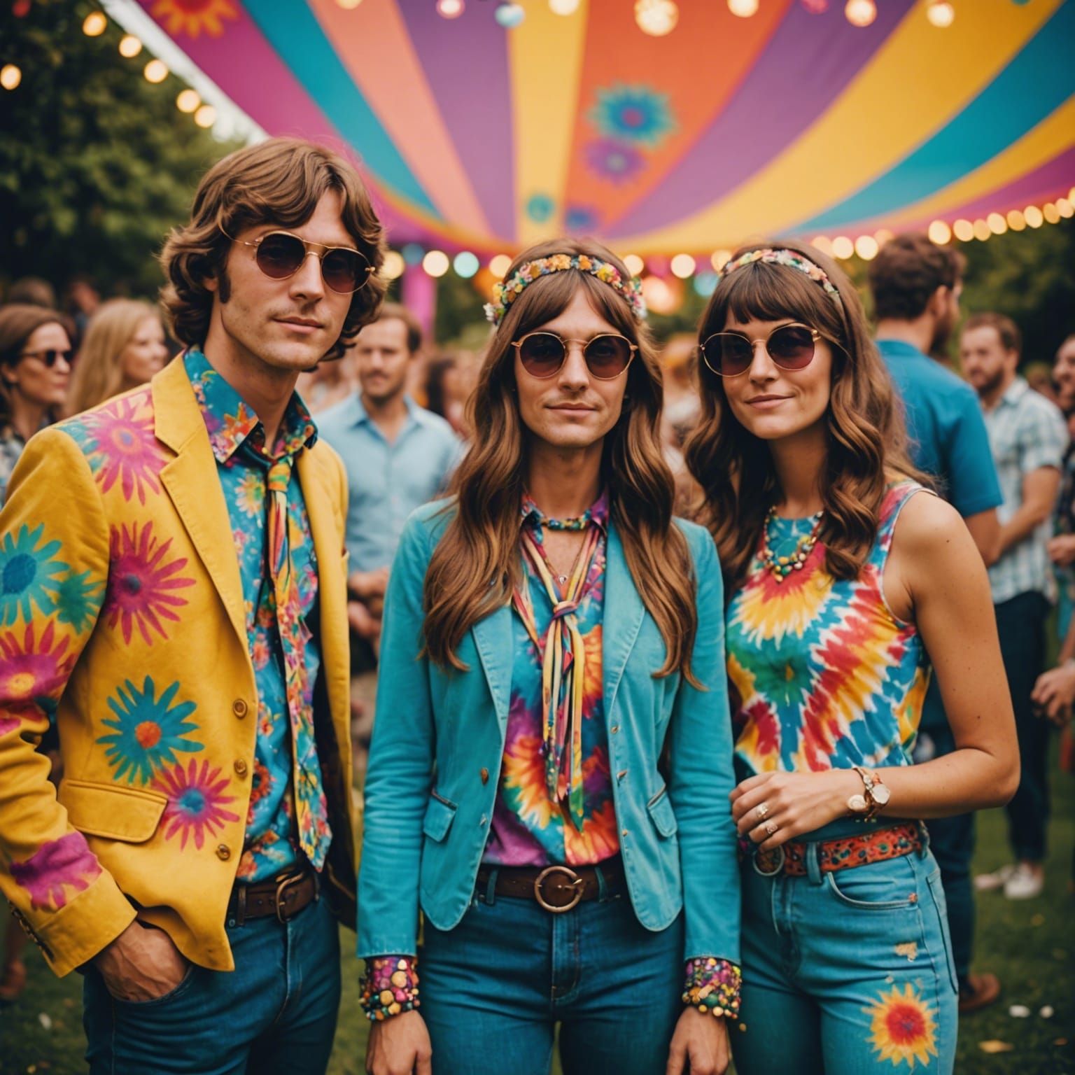1960's psychedelic party scene, flower power motifs, people dressed in bell-bottoms and tie-dye shirts