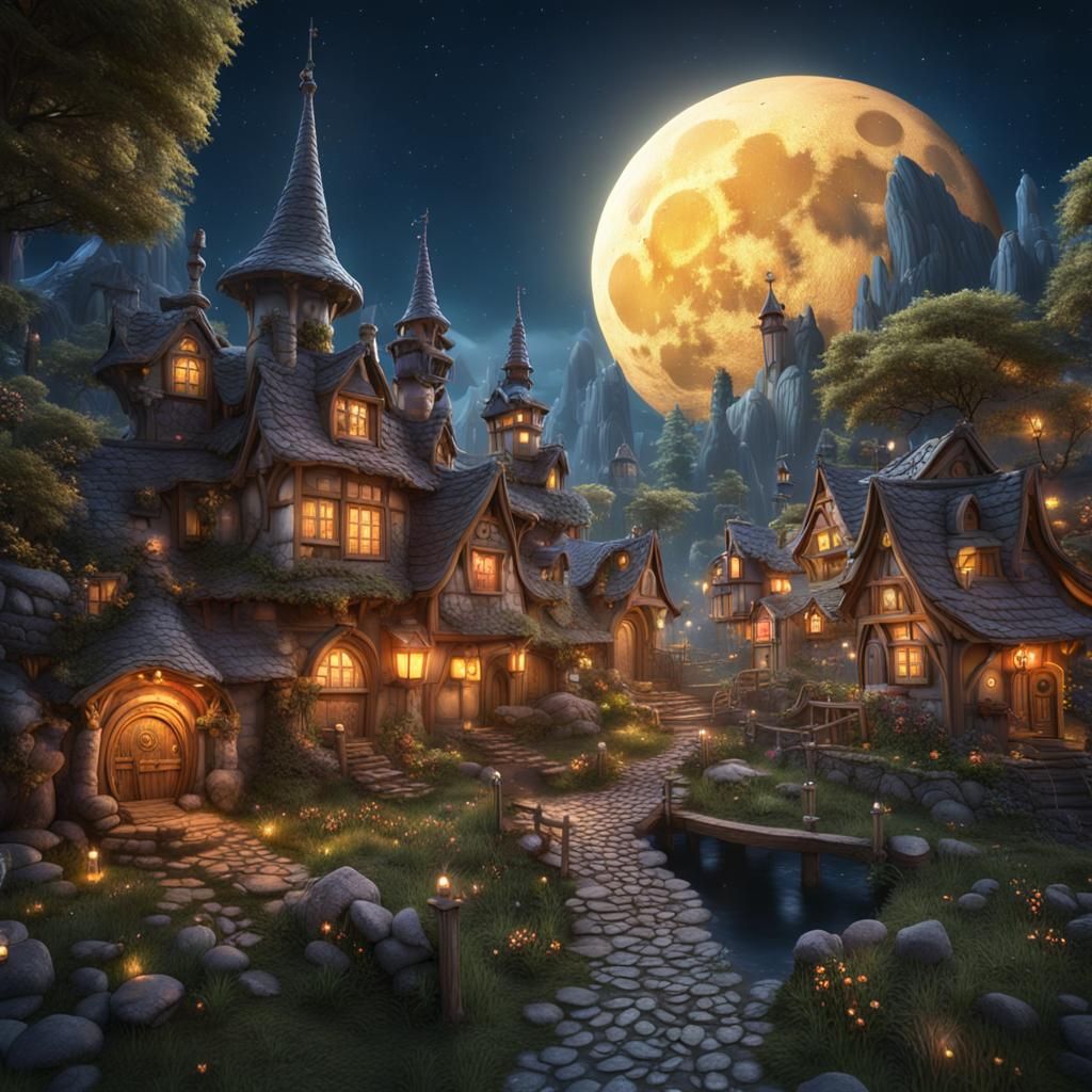 Fantasy Fairy Town Lit by Full Moon