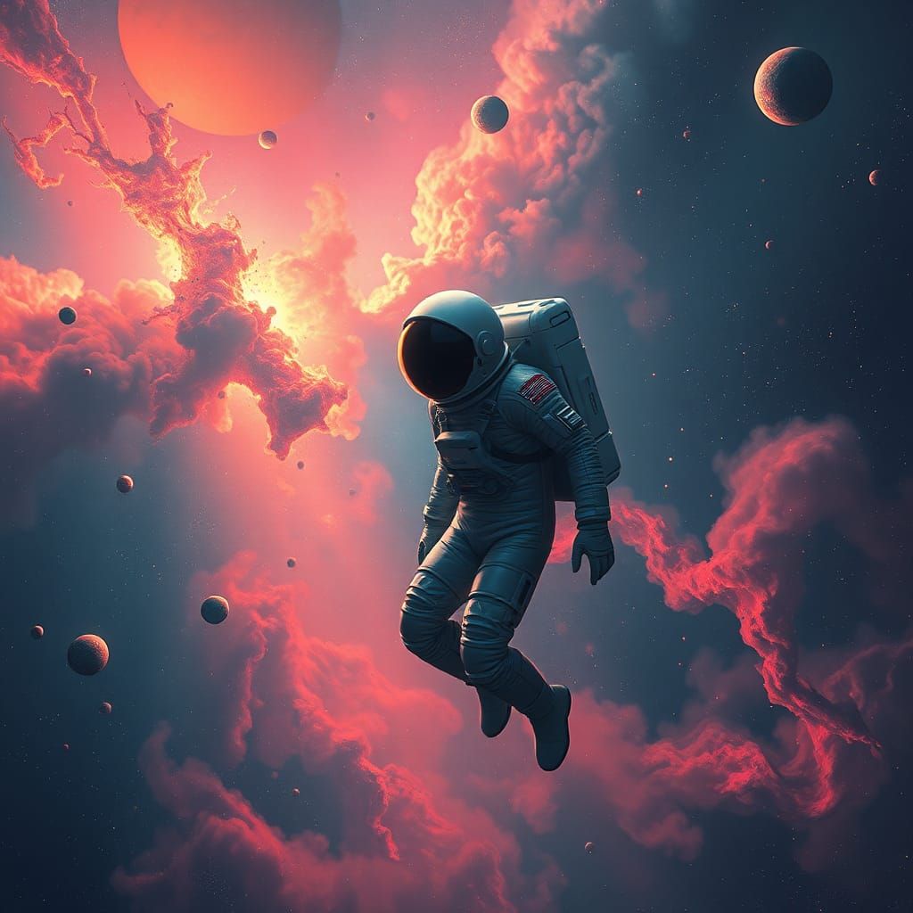 Contemplative Astronaut in Nebula, Dreamlike Sci-Fi Art