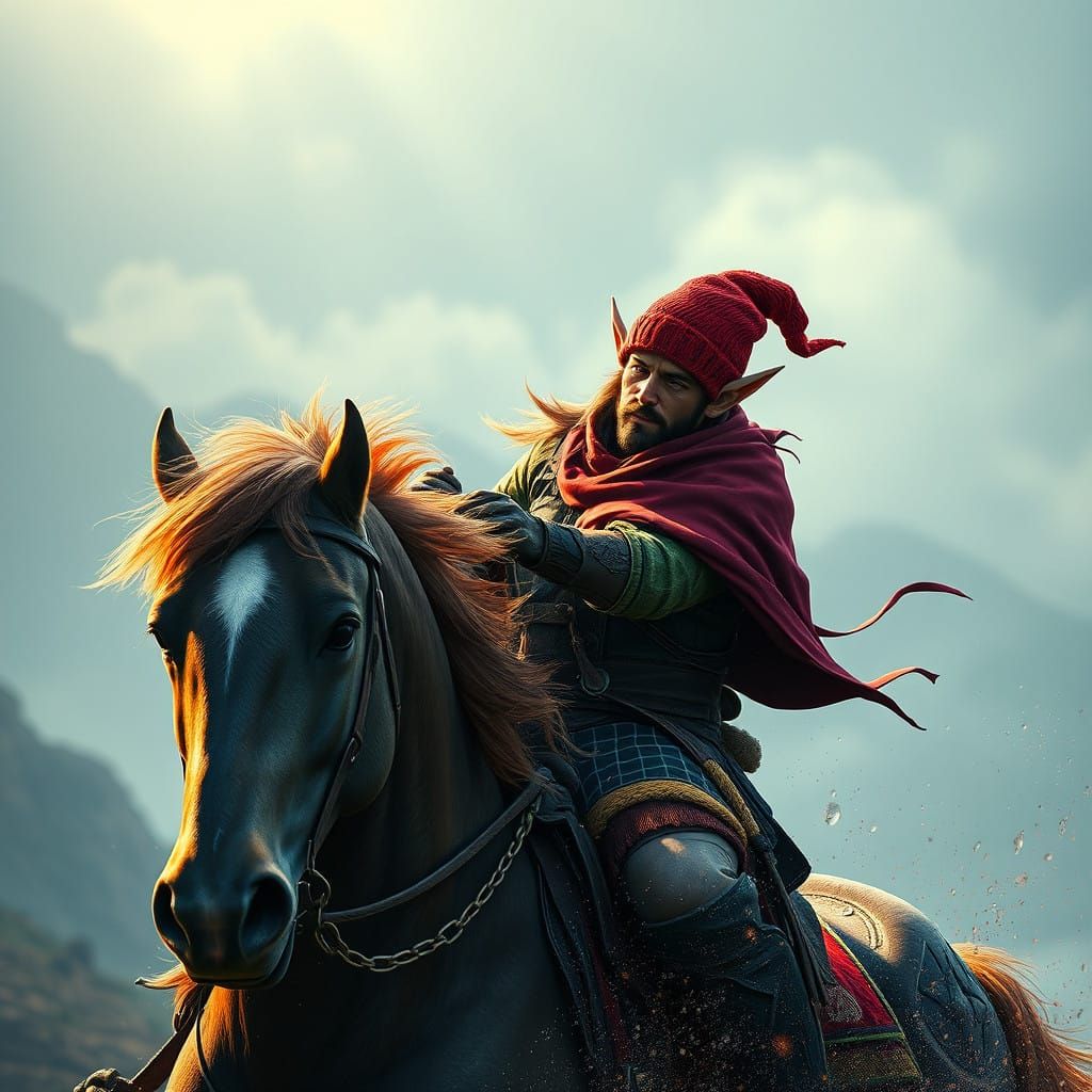 Epic Fantasy Rider with Vibrant Beanie in a Detailed Matte S...