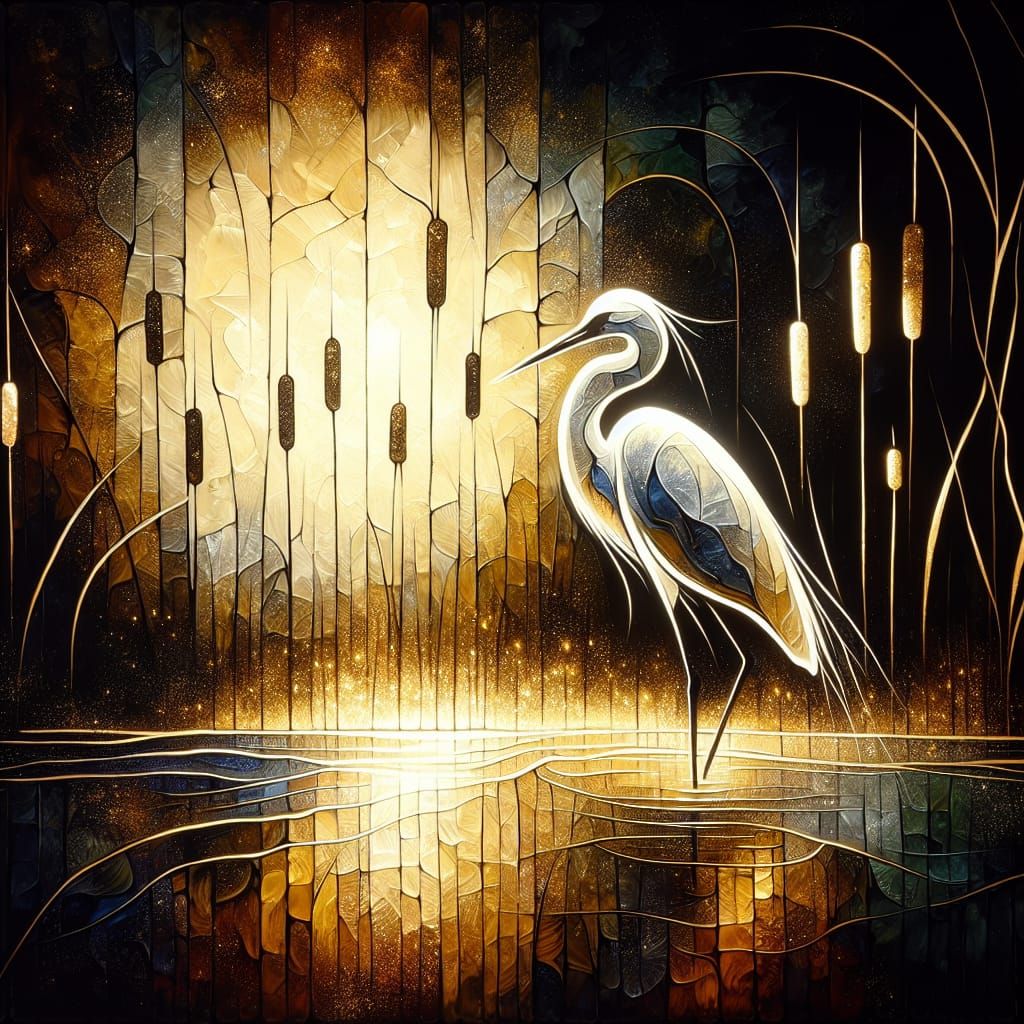 Egret in Marsh: Alcohol Ink Glasswork with Gold Edging