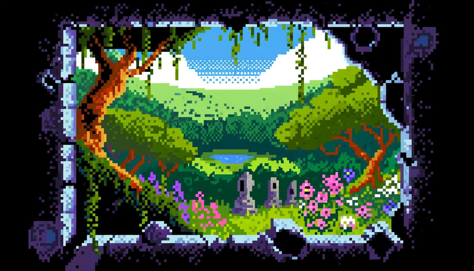 Pixel Art Paradise with Shattered Window