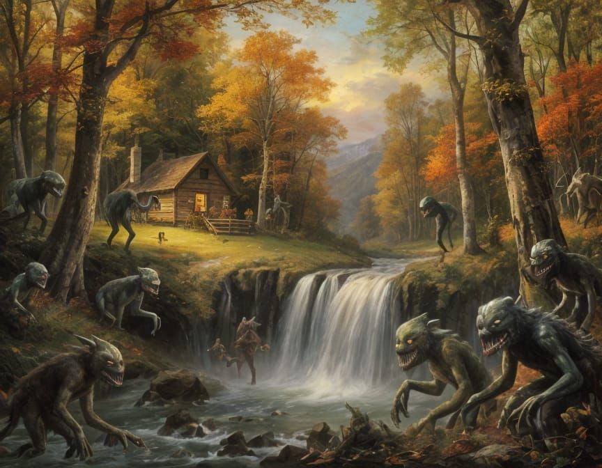 Autumn Forest Monsters Hunt Near Waterfall Cabin
