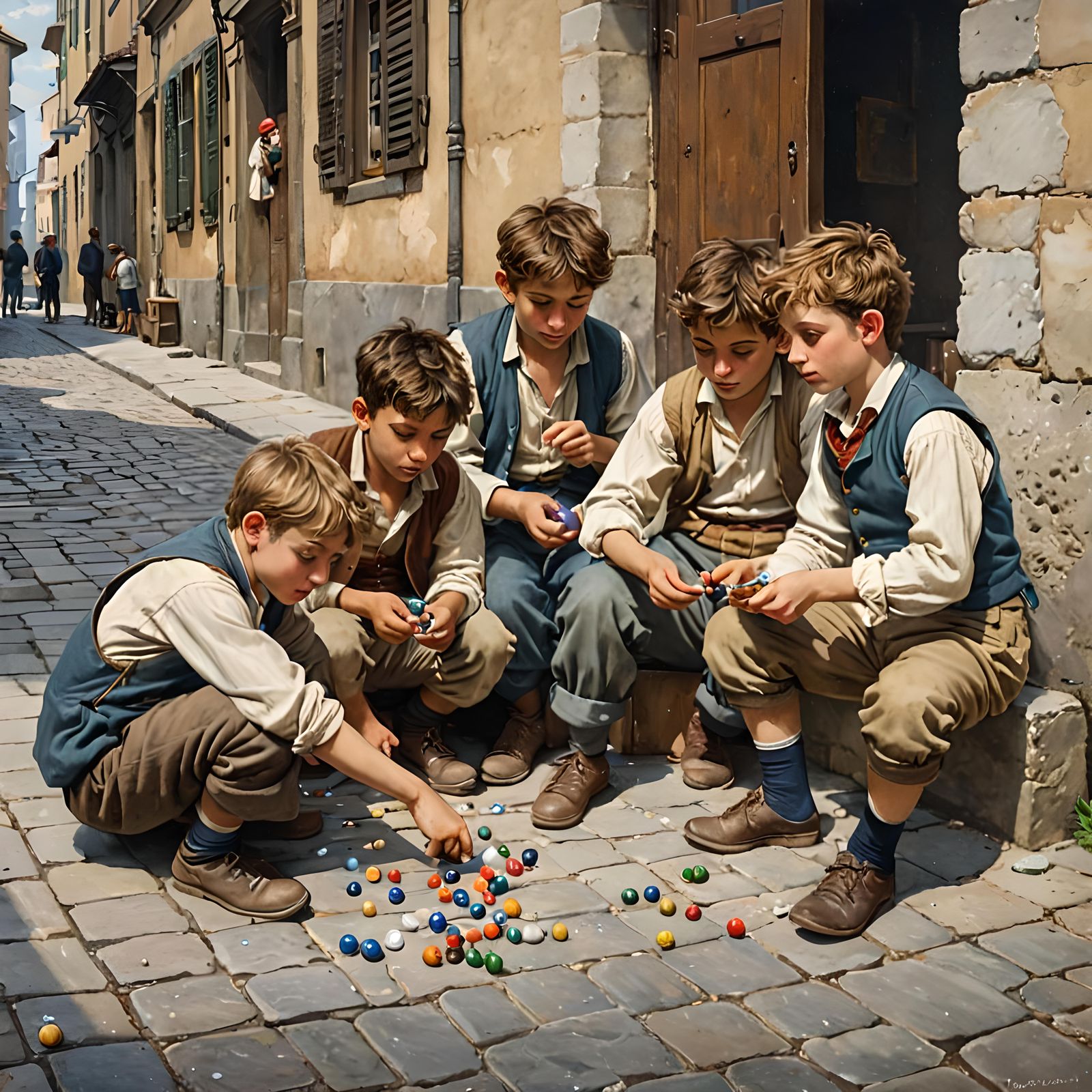 Boys Playing Marbles in 19th Century Italy Gouache