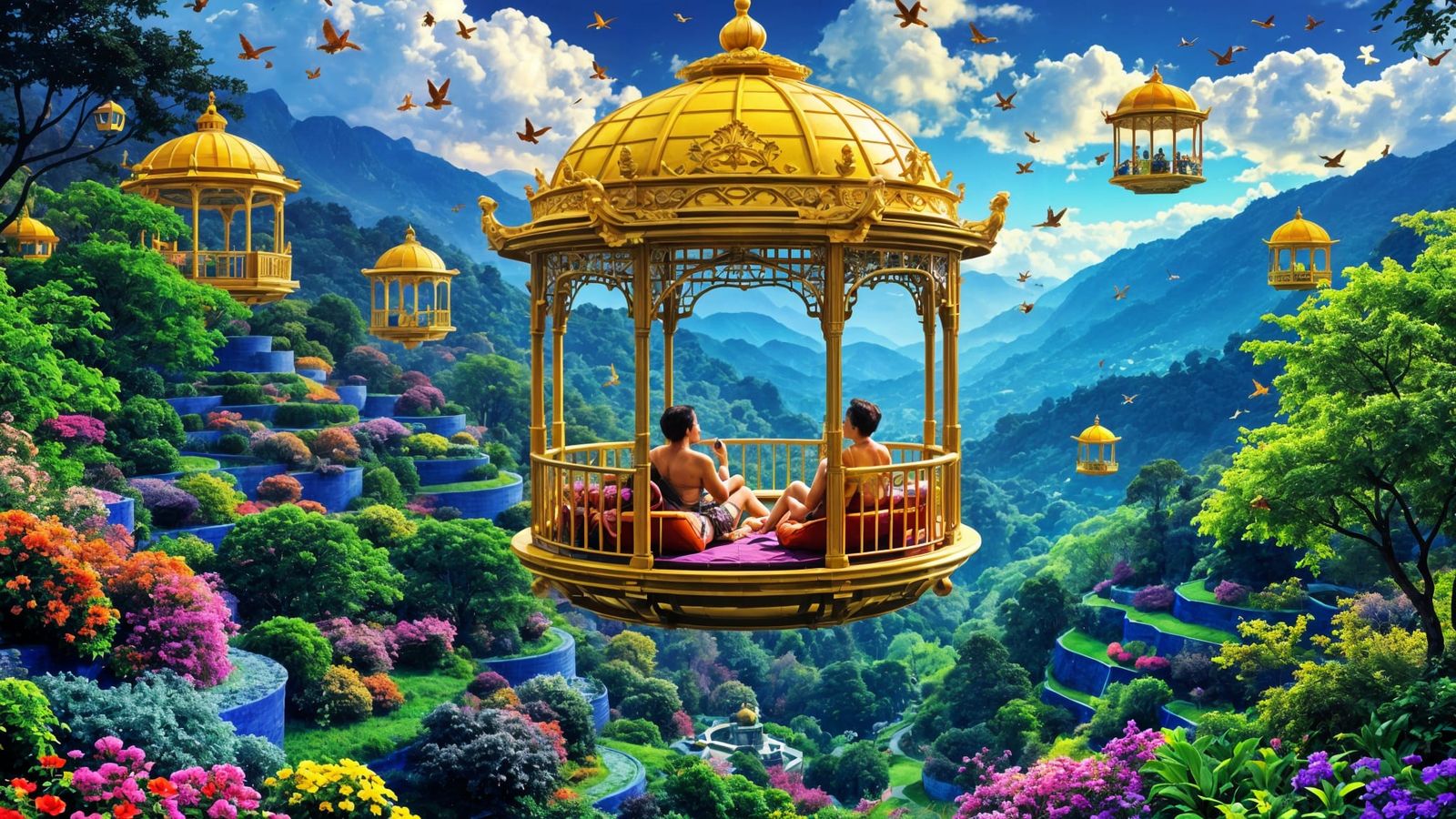 Ethereal Blacklight Poster of a Dreamy, Flying Gazebo Scene