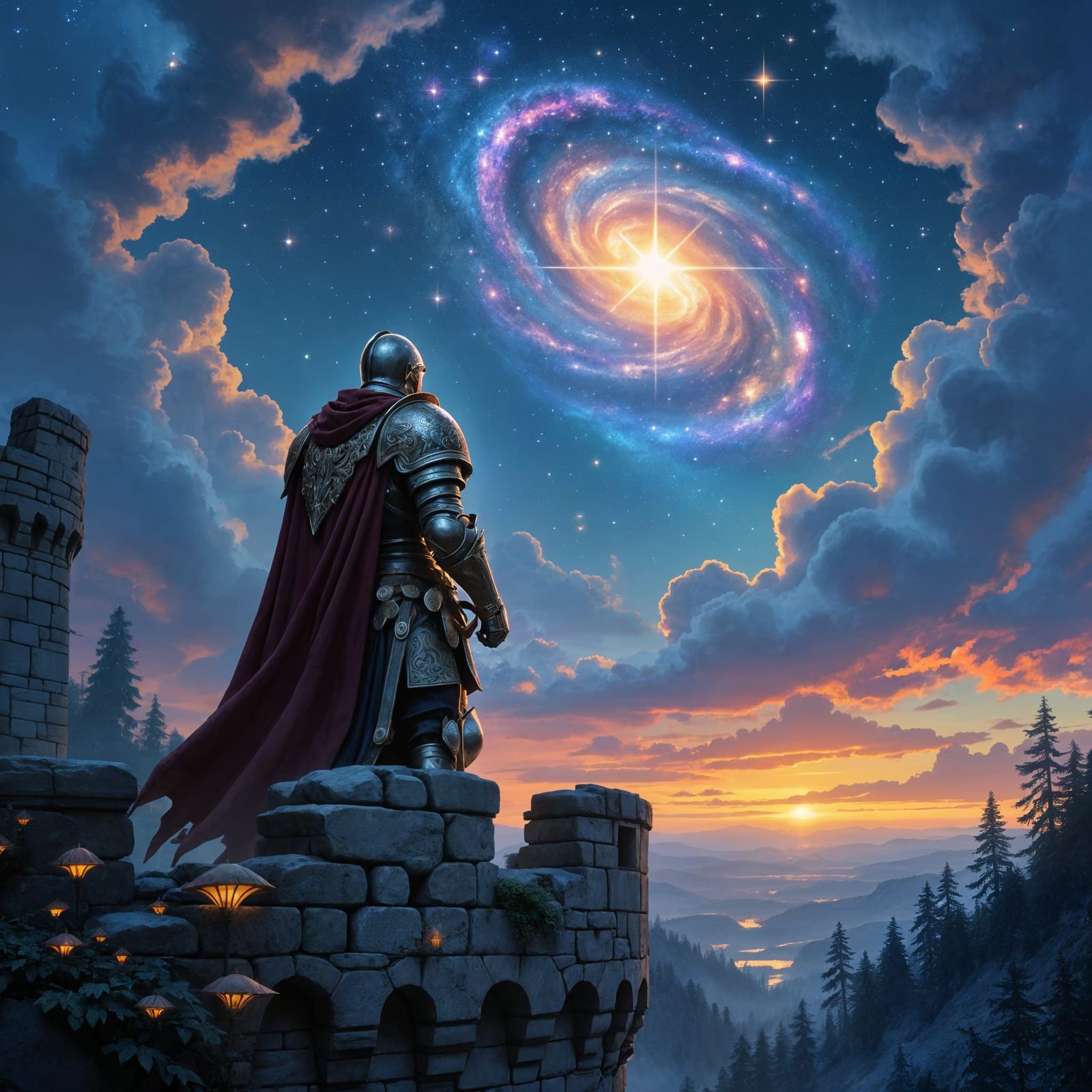 Knight Gazing at Galaxy: Epic Fantasy Art